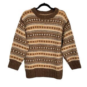 HAND KNIT Vintage Wool Sweater Pattern Design Brown Tan Cream L